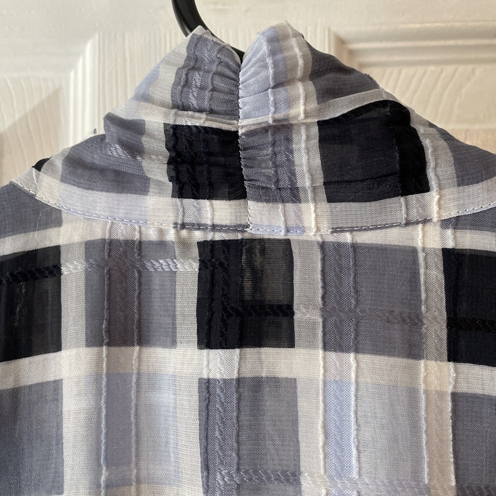 Ann Taylor Sheer Blouse Small Blue Plaid Tie Neck Long Sleeve Office Workwear - Picture 9 of 16